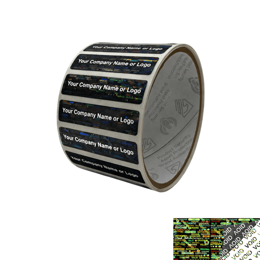 500 Tamper Evident Holographic Bright Black Security Label Seal Sticker, Rectangle 2" x 0.5" (51mm x 13mm). Custom Print. >Click on item details to customize it.