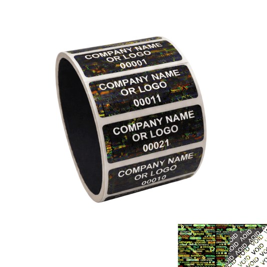 250 Black Tamper Evident Security Holographic Label Seal Sticker, Rectangle 2" x 0.75" (51mm x 19mm). CustomPrinted. >Click on item details to Customize.