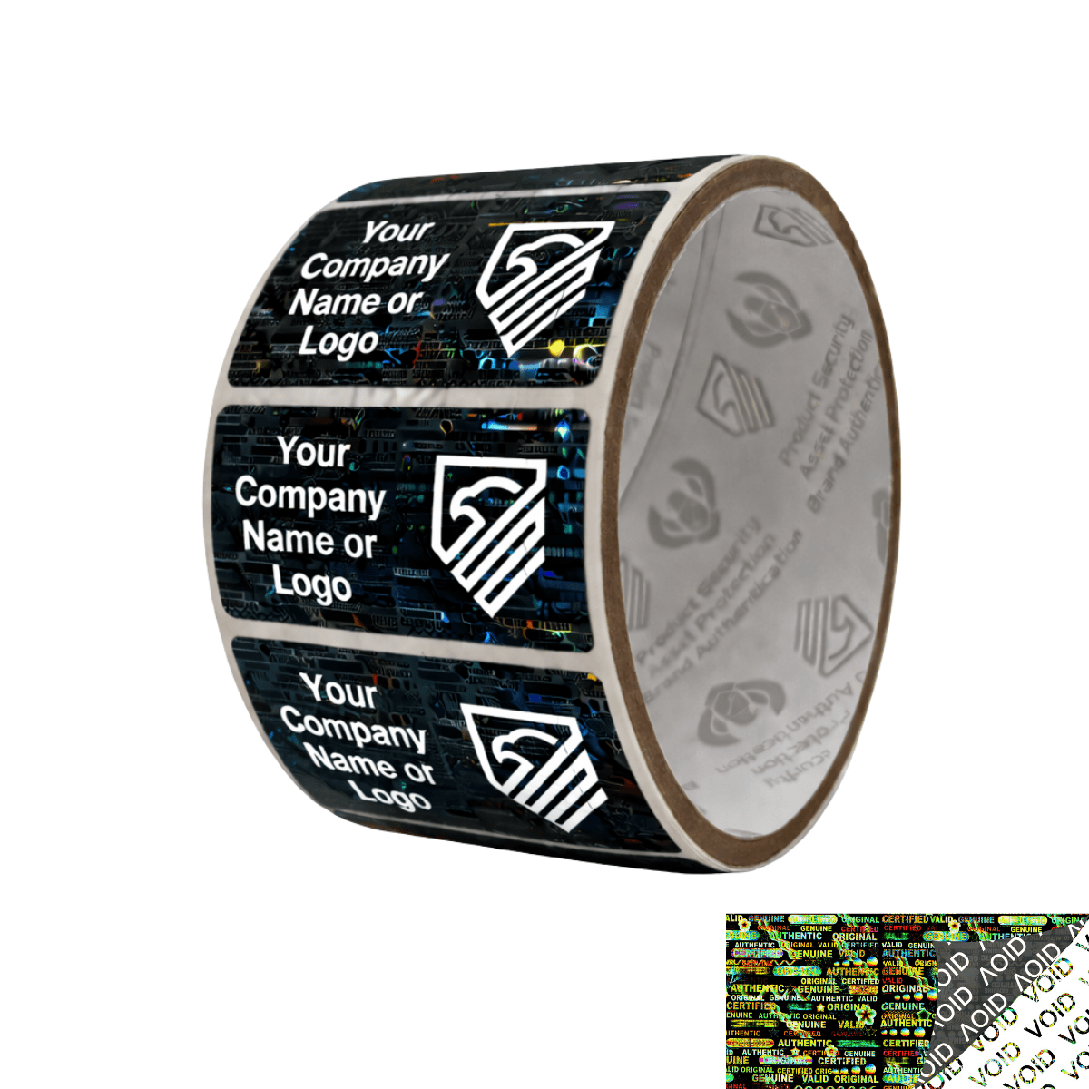 5,000 Black Tamper Evident Security Holographic Label Seal Sticker, Rectangle 2" x 1" (51mm x 25mm). CustomPrinted. >Click on item details to Customize.