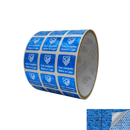 5,000 Blue Tamper Evident Security Holographic Label Seal Sticker, Square 0.75"(19mm). CustomPrinted. >Click on item details to Customize.