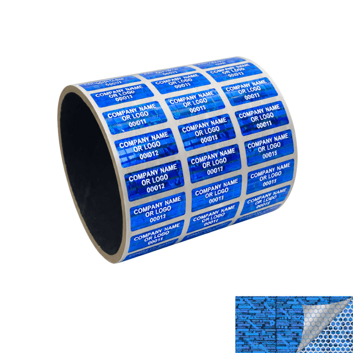 2,000 Blue Tamper Evident Security Holographic Label Seal Sticker, Rectangle 1" x 0.375" (25mm x 9mm). CustomPrinted. >Click on item details to Customize.