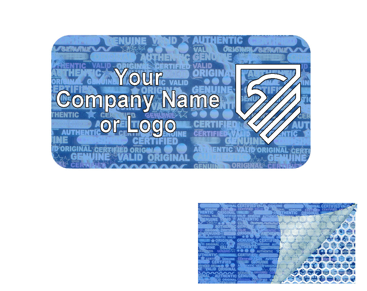 2,000 Blue Tamper Evident Security Holographic Label Seal Sticker, Rectangle 1" x 0.5" (25mm x 13mm). CustomPrinted. >Click on item details to Customize.