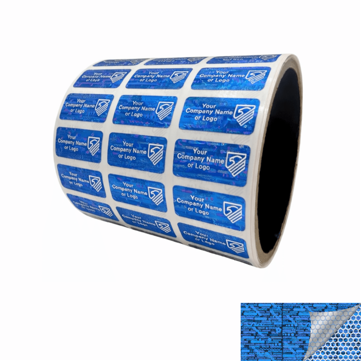 2,000 Blue Tamper Evident Security Holographic Label Seal Sticker, Rectangle 1" x 0.5" (25mm x 13mm). CustomPrinted. >Click on item details to Customize.