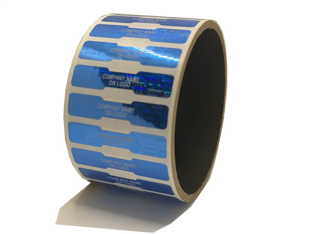 10,000 Blue Tamper Evident Security Hologram Label Seal Sticker,Dogbone 1.75" x 0.375" (44mm x 9mm). CustomPrinted. >Click on item details to Customize.