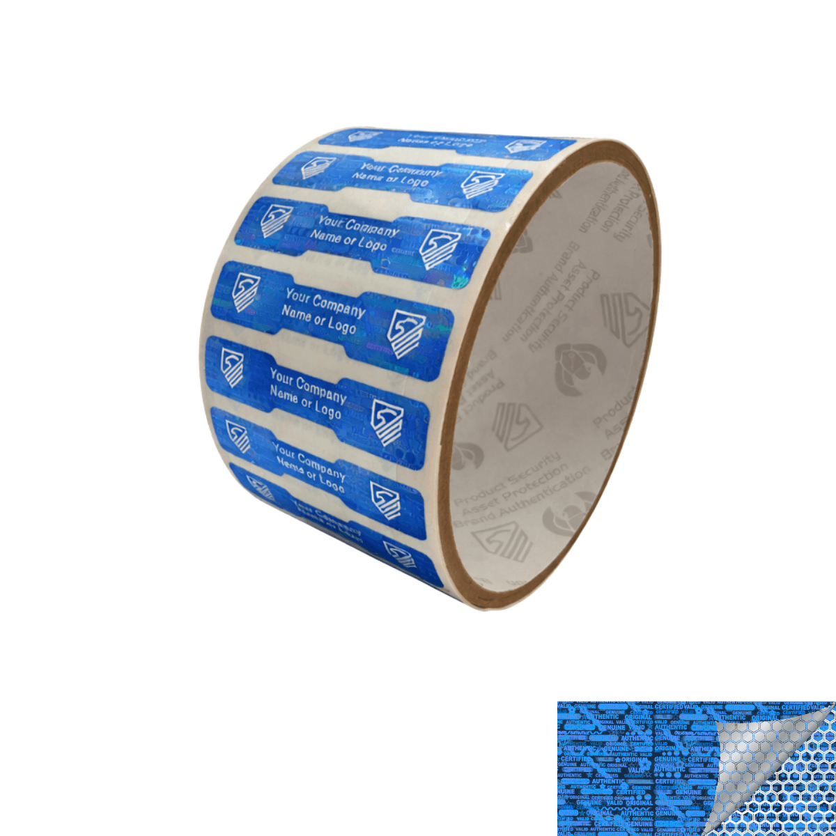 10,000 Blue Tamper Evident Security Hologram Label Seal Sticker,Dogbone 1.75" x 0.375" (44mm x 9mm). CustomPrinted. >Click on item details to Customize.