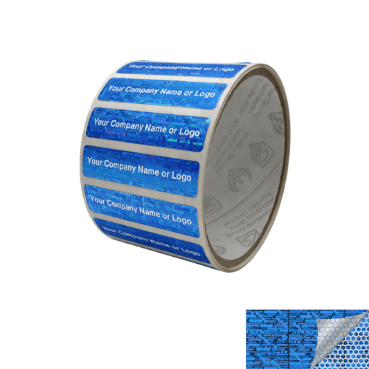 500 Tamper Evident Holographic Bright Blue Security Label Seal Sticker, Rectangle 2" x 0.5" (51mm x 13mm). Custom Print. >Click on item details to customize it.