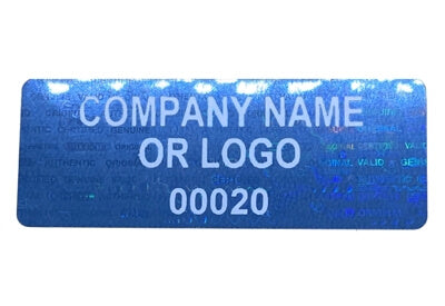 500 Blue Tamper Evident Security Holographic Label Seal Sticker, Rectangle 2" x 0.75" (51mm x 19mm). CustomPrinted. >Click on item details to Customize.