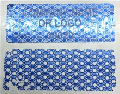 500 Blue Tamper Evident Security Holographic Label Seal Sticker, Rectangle 2" x 0.75" (51mm x 19mm). CustomPrinted. >Click on item details to Customize.
