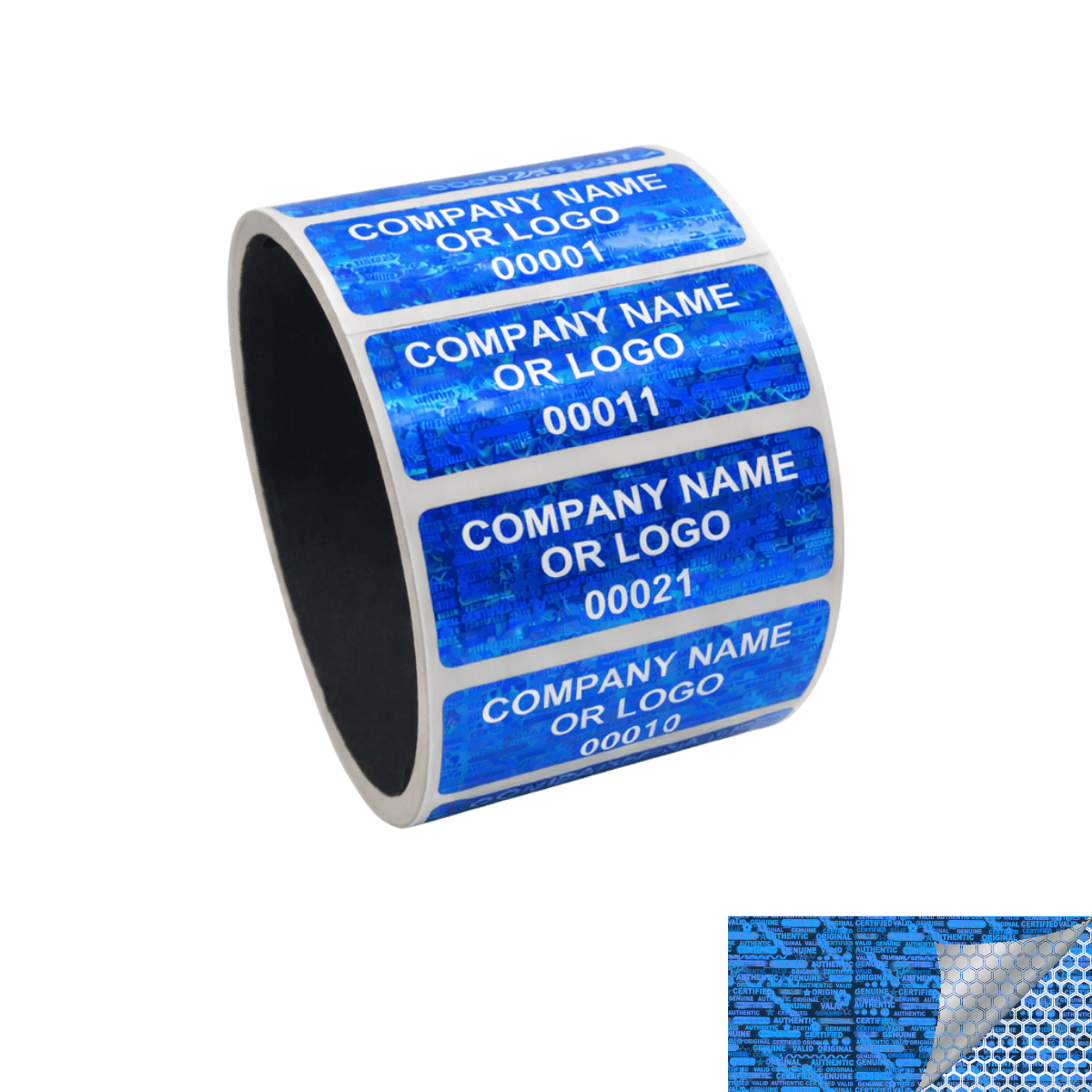 10,000 Blue Tamper Evident Security Hologram Label Seal Sticker, Rectangle 2" x 0.75" (51mm x 19mm). CustomPrinted. >Click on item details to Customize.