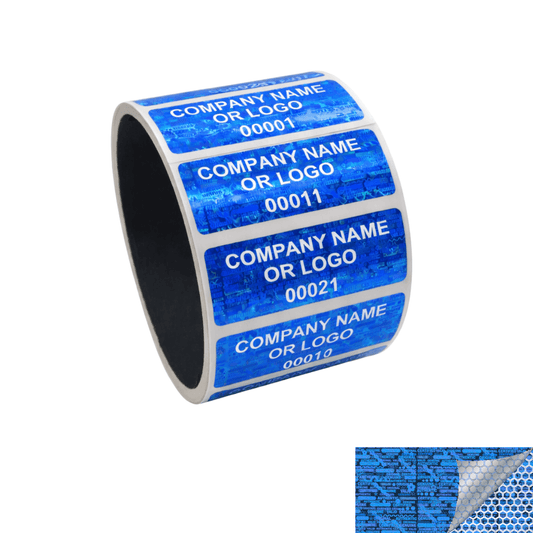 500 Blue Tamper Evident Security Holographic Label Seal Sticker, Rectangle 2" x 0.75" (51mm x 19mm). CustomPrinted. >Click on item details to Customize.