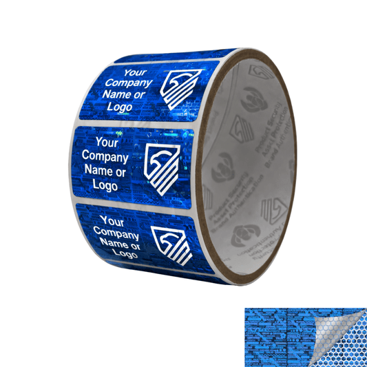 250 Blue Tamper Evident Security Holographic Label Seal Sticker, Rectangle 2" x 1" (51mm x 25mm). CustomPrinted. >Click on item details to Customize.