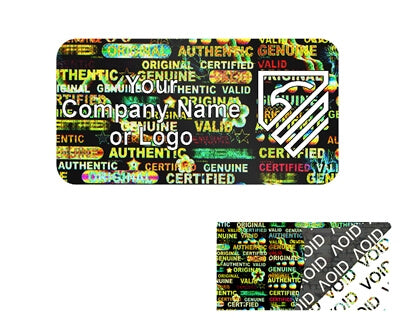5,000 Black Tamper Evident Security Holographic Label Seal Sticker, Rectangle 1" x 0.5" (25mm x 13mm). CustomPrinted. >Click on item details to Customize.