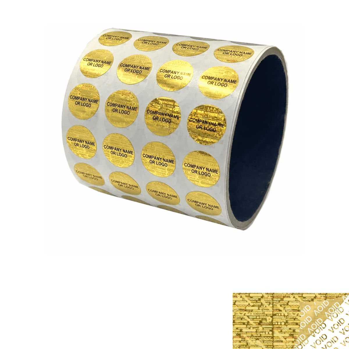 500 Gold Tamper Evident Security Hologram Round Label Seal Sticker, Circle 0.625" diameter (16mm). CustomPrinted. >Click on item details to Customize.