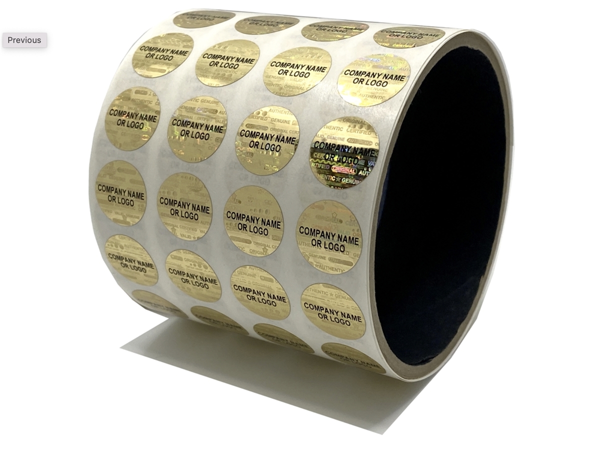 250 Gold Tamper Evident Security Hologram Round Label Seal Sticker, Circle 0.75" diameter (19mm). CustomPrinted. >Click on item details to Customize.