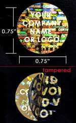 2,000 Gold Tamper Evident Security Hologram Round Label Seal Sticker, Circle 0.75" diameter (19mm). CustomPrinted. >Click on item details to Customize.