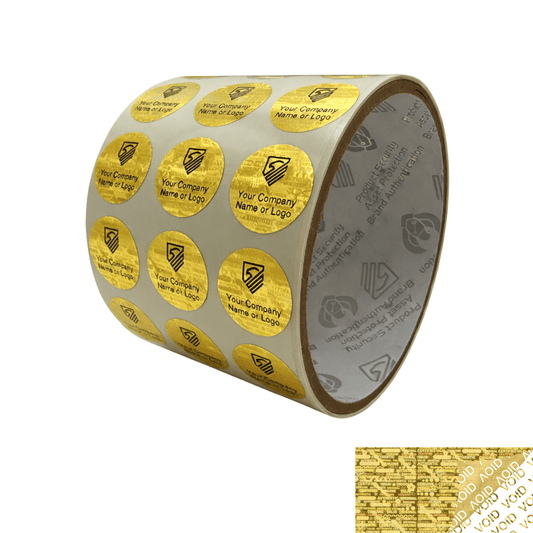2,000 Gold Tamper Evident Security Hologram Round Label Seal Sticker, Circle 0.75" diameter (19mm). CustomPrinted. >Click on item details to Customize.