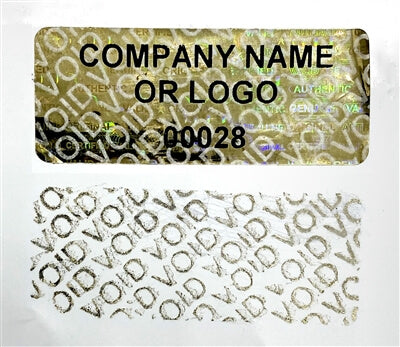 500 Gold Tamper Evident Security Hologram Label Seal Sticker, Rectangle 1.5" x 0.6" (38mm x 15mm). CustomPrinted. >Click on item details to Customize.