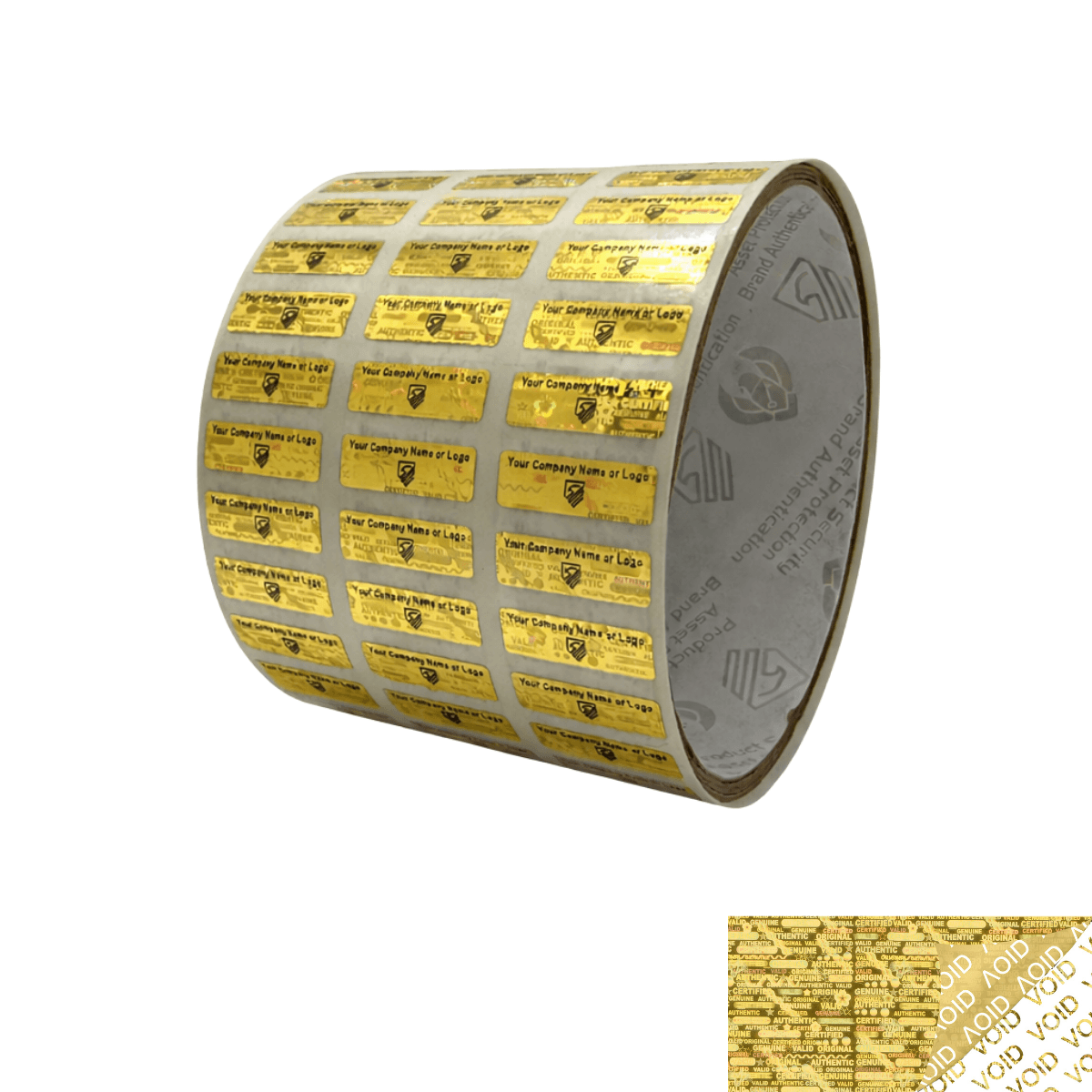 500 Gold Tamper Evident Security Hologram Label Seal Sticker, Rectangle 0.75" x 0.25" (19mm x 6mm). CustomPrinted. >Click on item details to Customize.