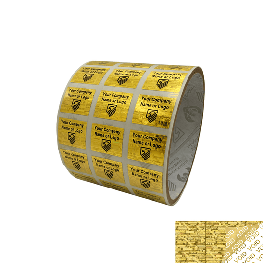 250 Gold Tamper Evident Security Hologram Label Seal Sticker, Rectangle .75" x 0.6" (19mm x 15mm). CustomPrinted. >Click on item details to Customize.