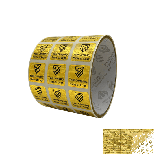 500 Gold Tamper Evident Security Holographic Label Seal Sticker, Square 0.75"(19mm). CustomPrinted. >Click on item details to Customize.