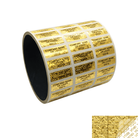250 Gold Tamper Evident Security Holographic Label Seal Sticker, Rectangle 1" x 0.375" (25mm x 9mm). CustomPrinted. >Click on item details to Customize.