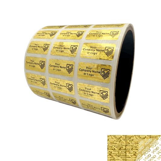 500 Gold Tamper Evident Security Holographic Label Seal Sticker, Rectangle 1" x 0.5" (25mm x 13mm). CustomPrinted. >Click on item details to Customize.