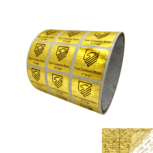 250 Gold Tamper Evident Security Holographic Label Seal Sticker, Square 1" x 1" (25mm x 25mm). CustomPrinted. >Click on item details to Customize.