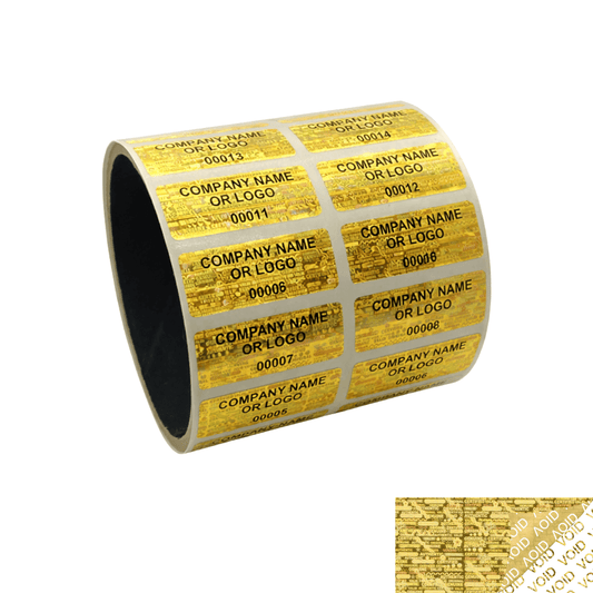 500 Gold Tamper Evident Security Hologram Label Seal Sticker, Rectangle 1.5" x 0.6" (38mm x 15mm). CustomPrinted. >Click on item details to Customize.