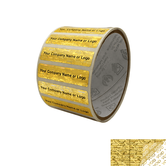 500 Tamper Evident Holographic Bright Gold Security Label Seal Sticker, Rectangle 2" x 0.5" (51mm x 13mm). Custom Print. >Click on item details to customize it.