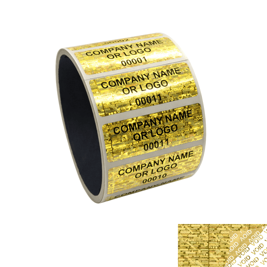 1,000 Gold Tamper Evident Security Hologram Label Seal Sticker, Rectangle 2" x 0.75" (51mm x 19mm). CustomPrinted. >Click on item details to Customize.