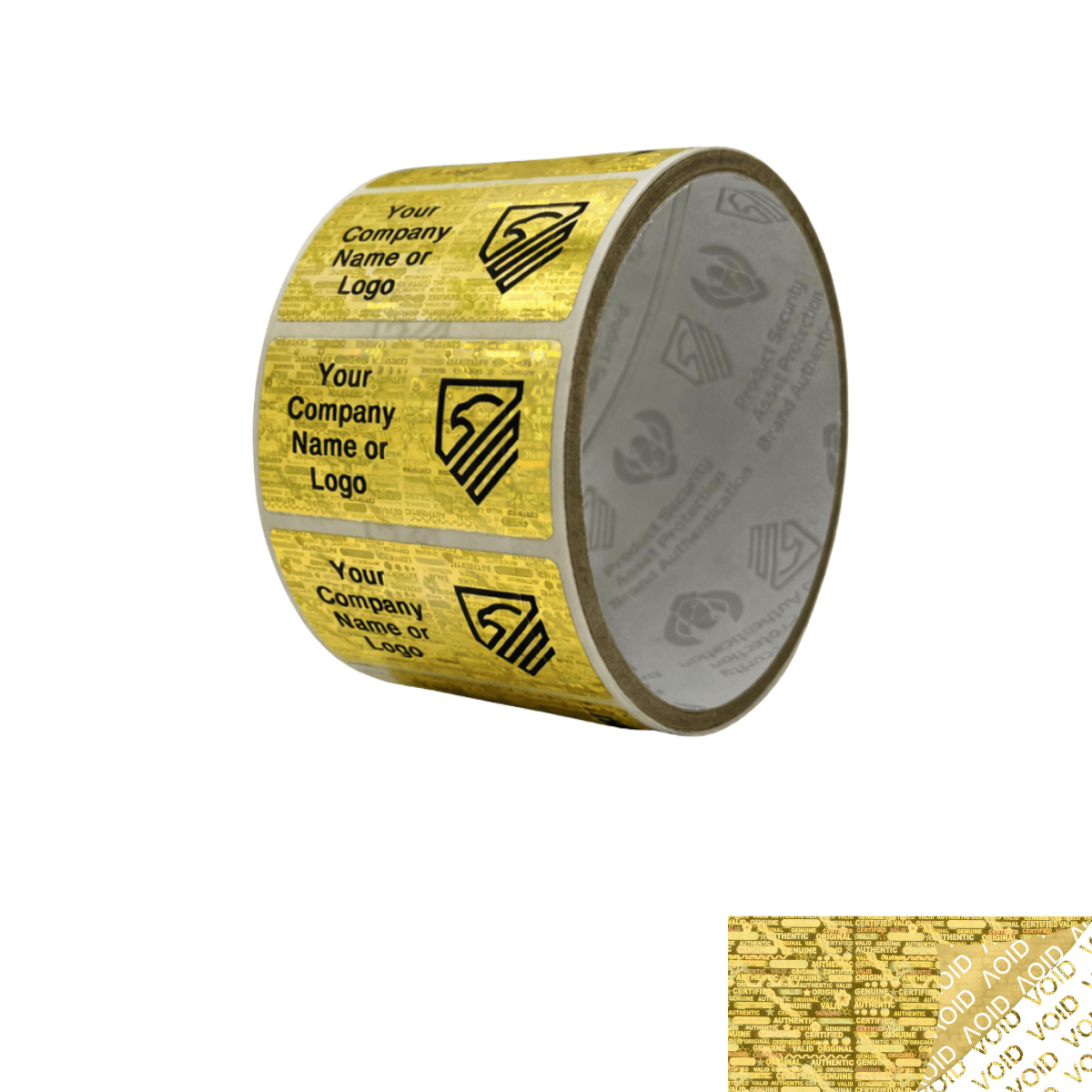 500 Gold Tamper Evident Security Holographic Label Seal Sticker, Rectangle 2" x 1" (51mm x 25mm). CustomPrinted. >Click on item details to Customize.