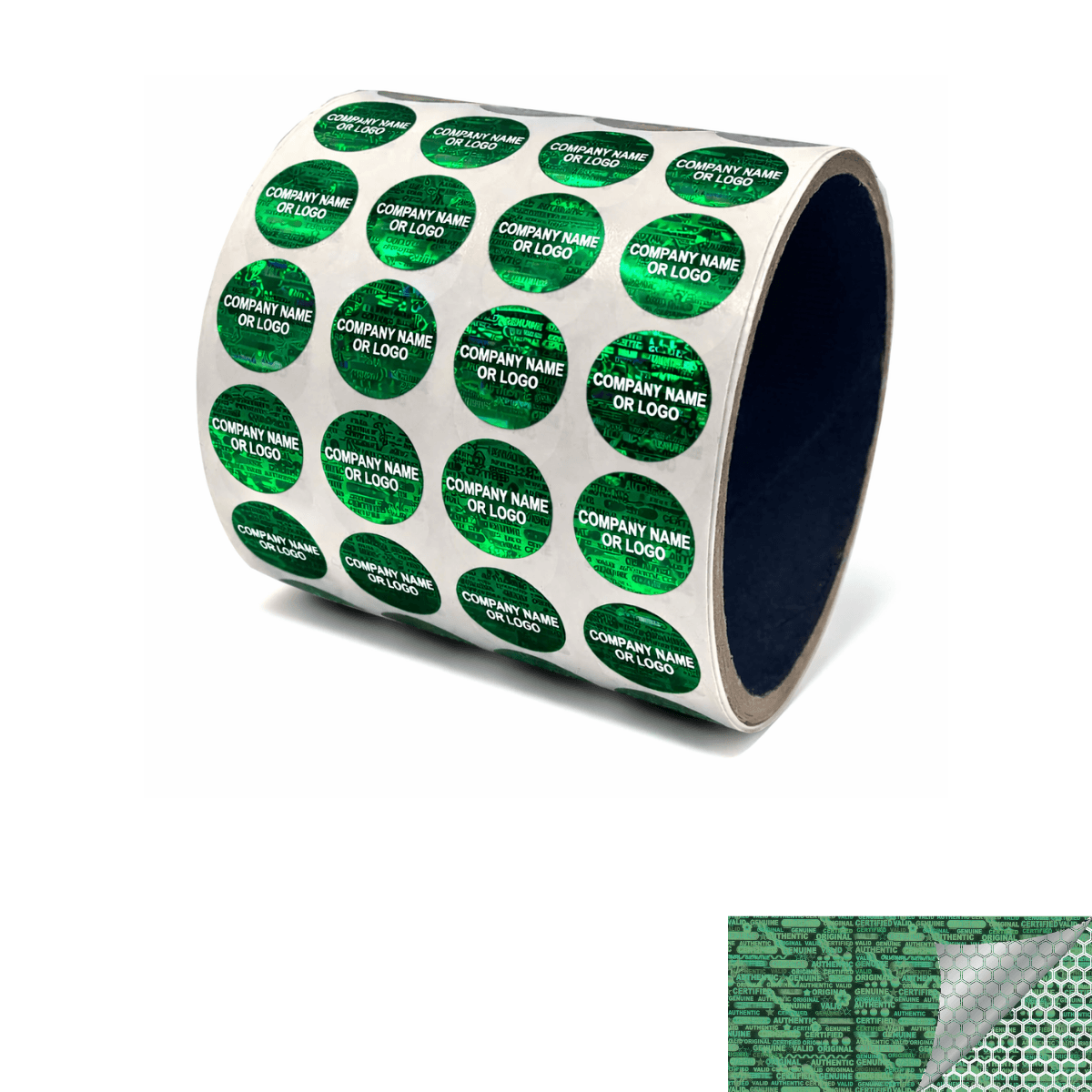 250 Green Tamper Evident Security Hologram Round Label Seal Sticker, Circle 0.625" diameter (16mm). CustomPrinted. >Click on item details to Customize.