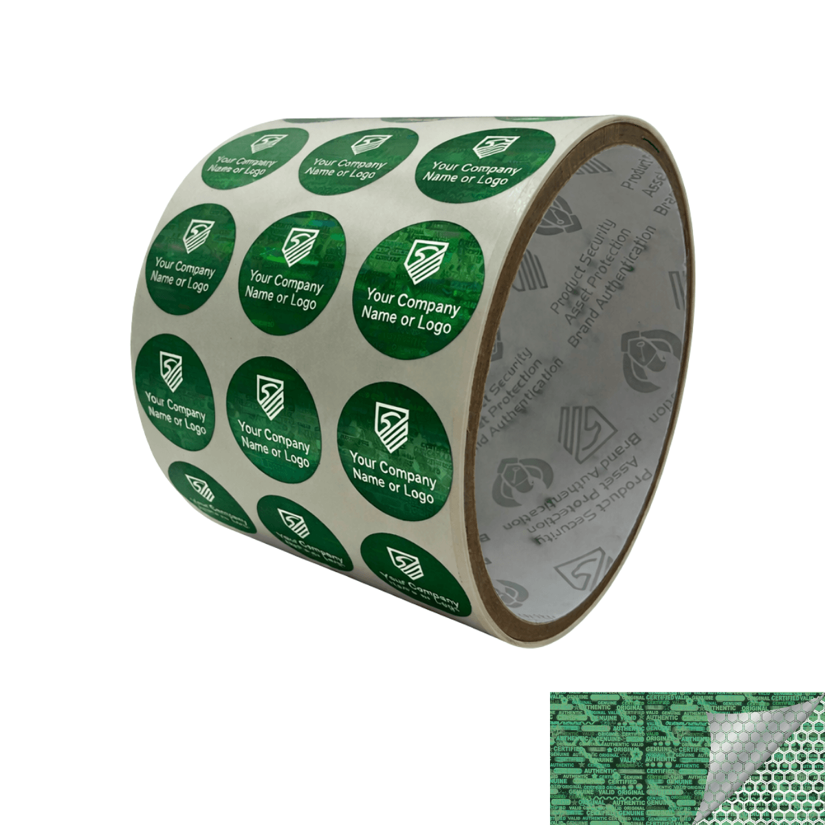 250 Green Tamper Evident Security Hologram Round Label Seal Sticker, Circle 0.75" diameter (19mm). CustomPrinted. >Click on item details to Customize.