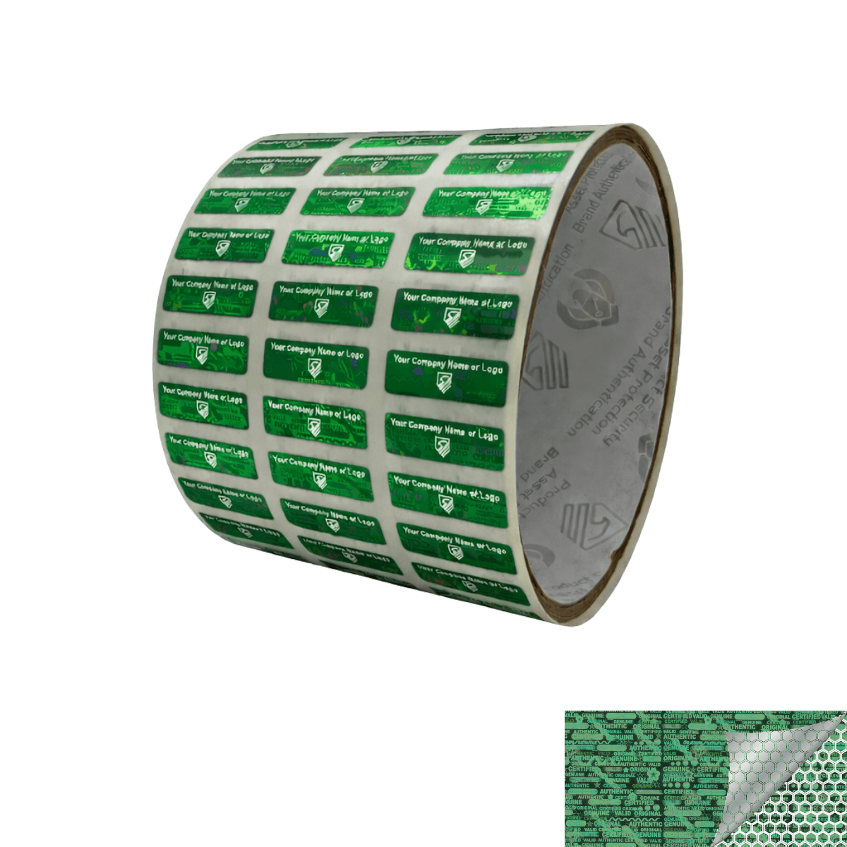 10,000 Green Tamper Evident Security Hologram Label Seal Sticker, Rectangle 0.75" x 0.25" (19mm x 6mm). CustomPrinted. >Click on item details to Customize.