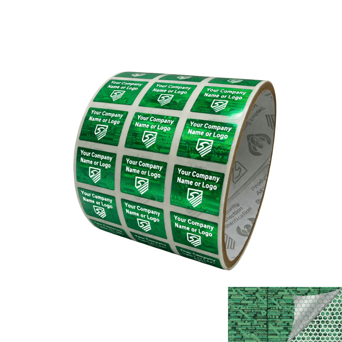 1,000 Green Tamper Evident Security Hologram Label Seal Sticker, Rectangle .75" x 0.6" (19mm x 15mm). CustomPrinted. >Click on item details to Customize.
