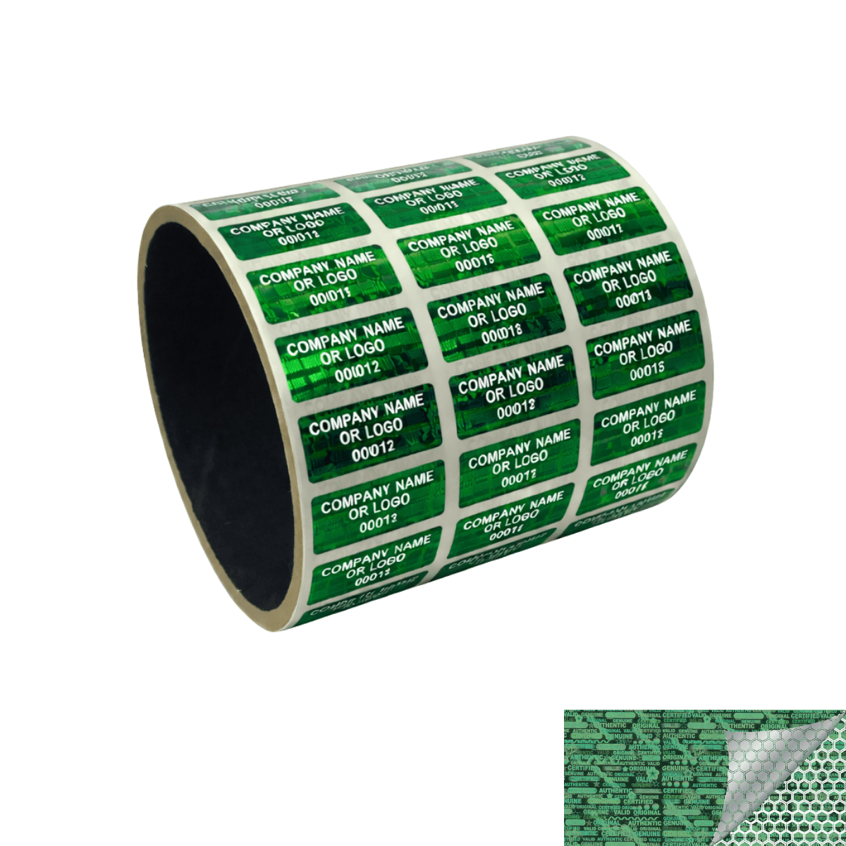 500 Green Tamper Evident Security Holographic Label Seal Sticker, Rectangle 1" x 0.375" (25mm x 9mm). CustomPrinted. >Click on item details to Customize.