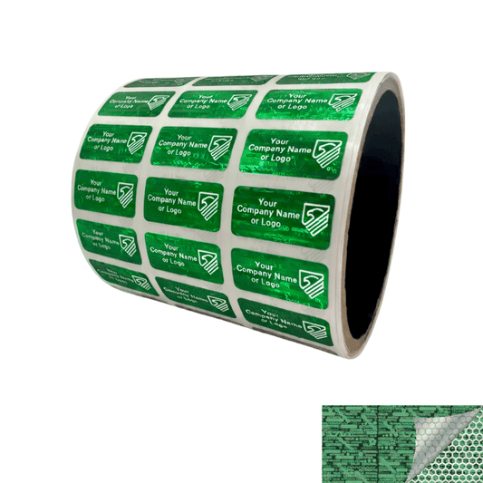 10,000 Green Tamper Evident Security Hologram Green Label Seal Sticker, Rectangle 1" x 0.5" (25mm x 13mm). CustomPrinted. >Click on item details to Customize.