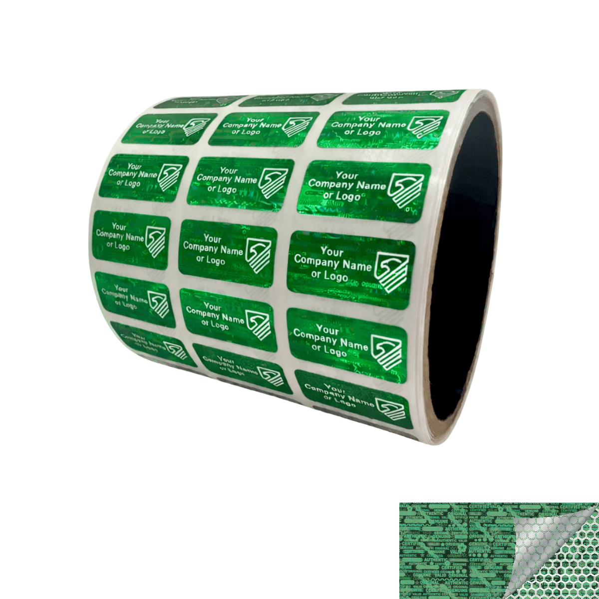 5,000 Green Tamper Evident Security Holographic Label Seal Sticker, Rectangle 1" x 0.5" (25mm x 13mm). CustomPrinted. >Click on item details to Customize.