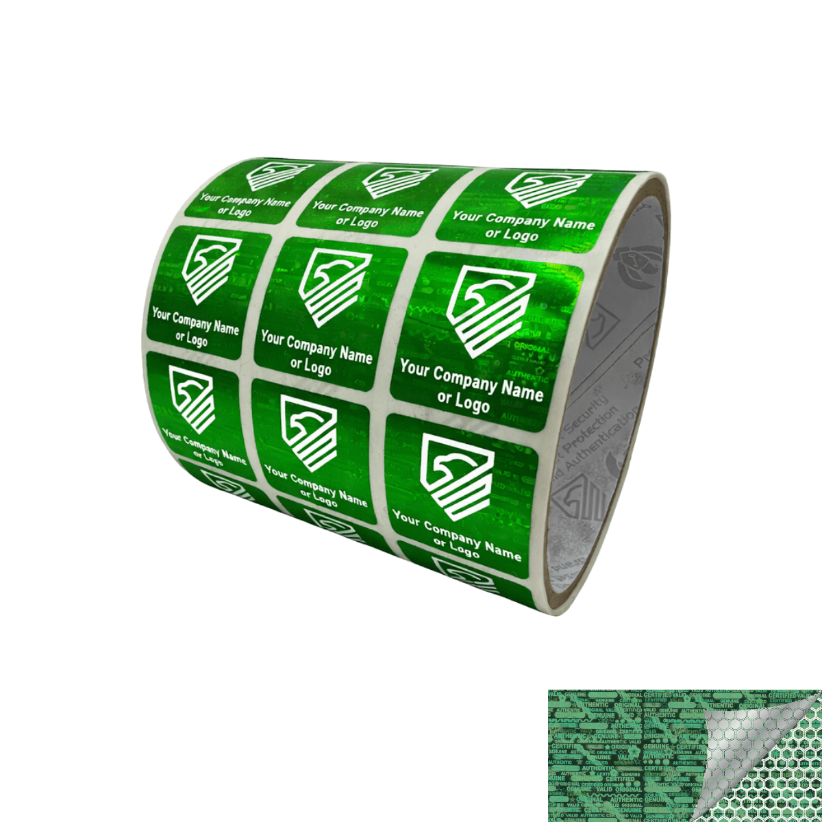 10,000 Green Tamper Evident Security Holographic Label Seal Sticker, Square 1" x 1" (25mm x 25mm). CustomPrinted. >Click on item details to Customize.