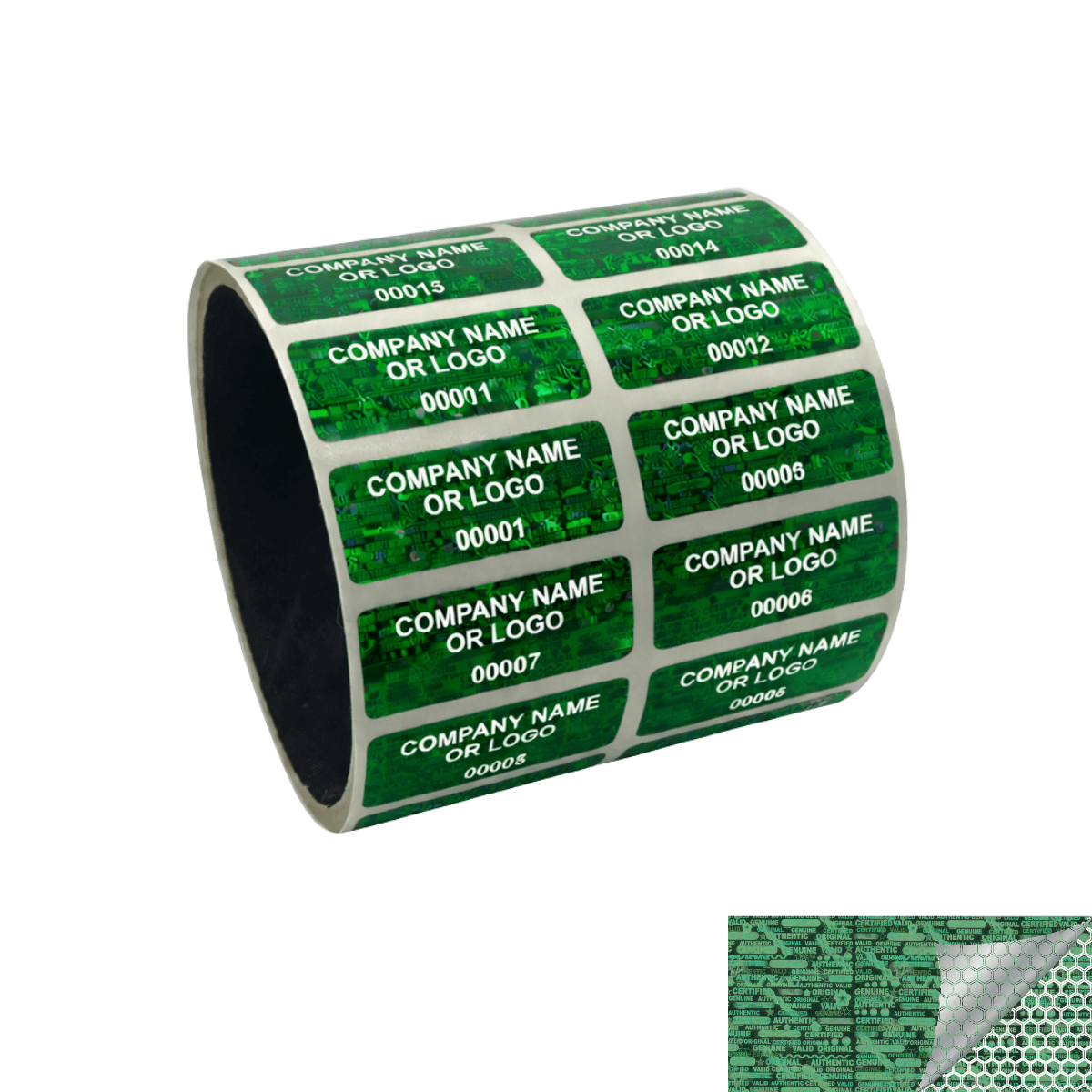 1,000 Green Tamper Evident Security Hologram Label Seal Sticker, Rectangle 1.5" x 0.6" (38mm x 15mm). CustomPrinted. >Click on item details to Customize.