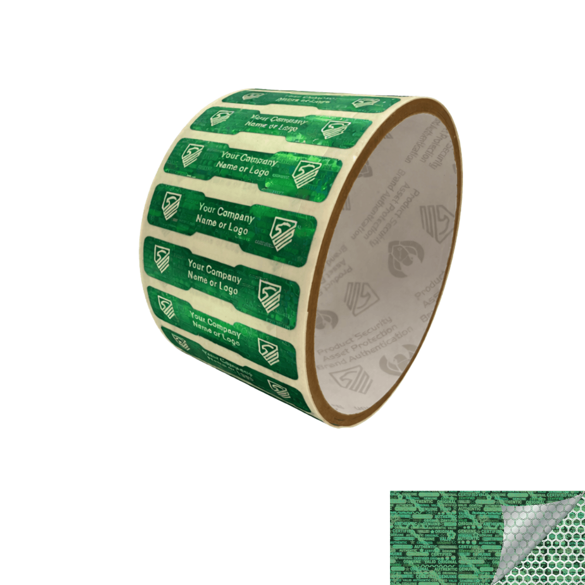 2,000 Green Tamper Evident Security Hologram Label Seal Sticker, Dogbone 1.75" x 0.375" (44mm x 9mm). CustomPrinted. >Click on item details to Customize.
