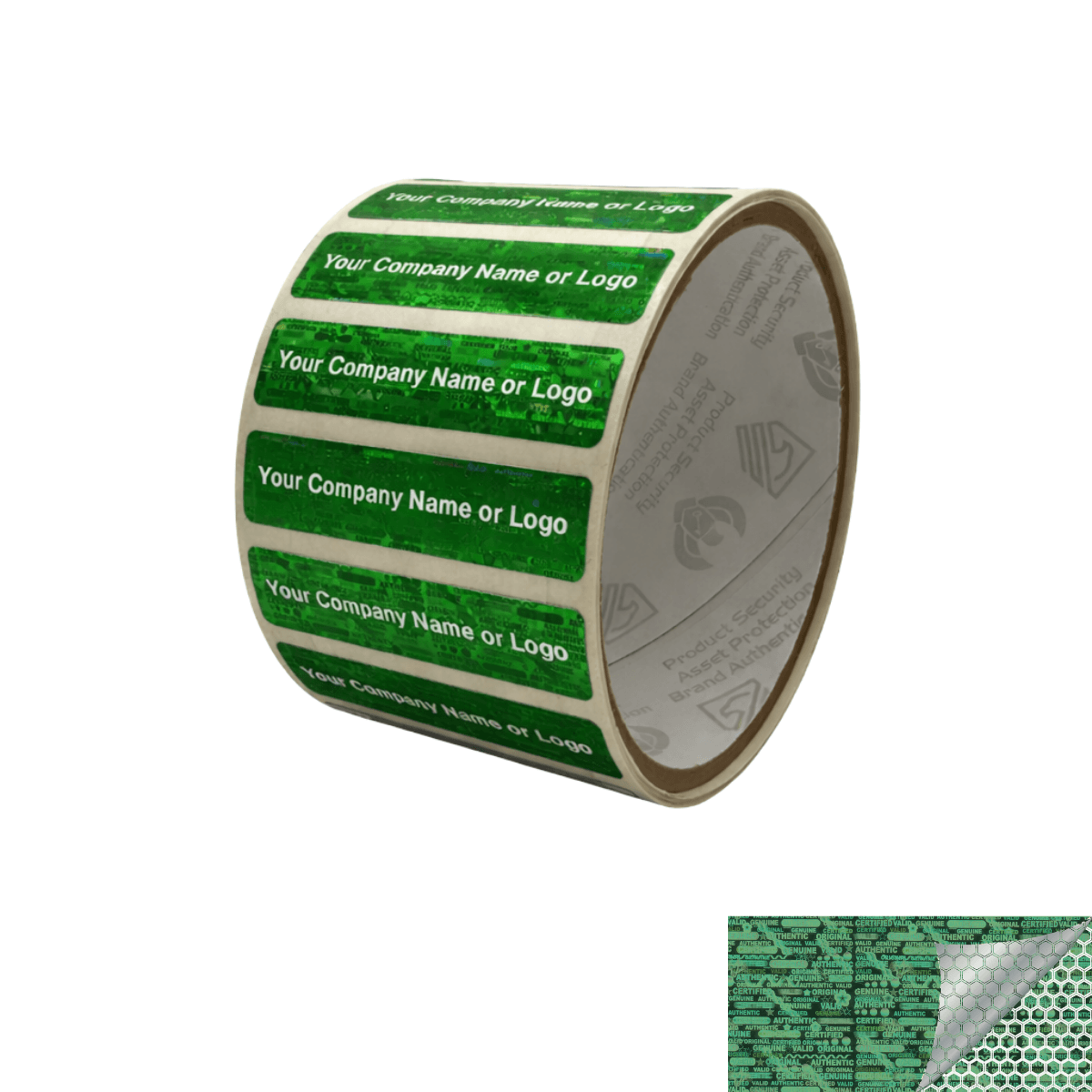2,000 Green Tamper Evident Security Holographic Label Seal Sticker, Rectangle 2" x 0.75" (51mm x 19mm). CustomPrinted. >Click on item details to Customize.