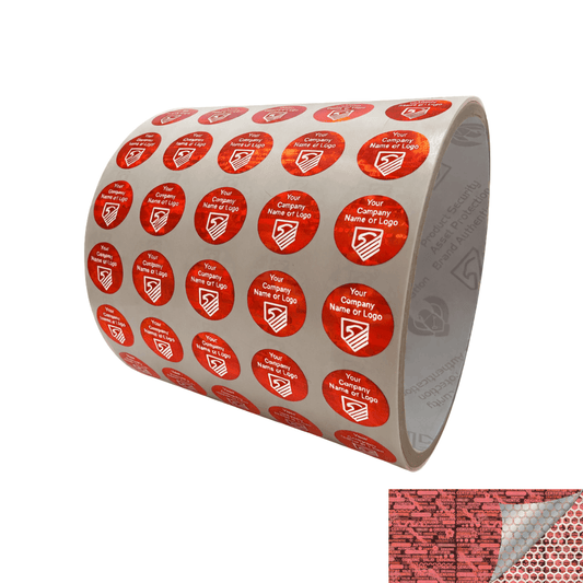 1,000 Red Tamper Evident Security Holographic Round Label Seal Sticker, Circle 0.5" diameter (13mm). CustomPrinted. >Click on item details to Customize.