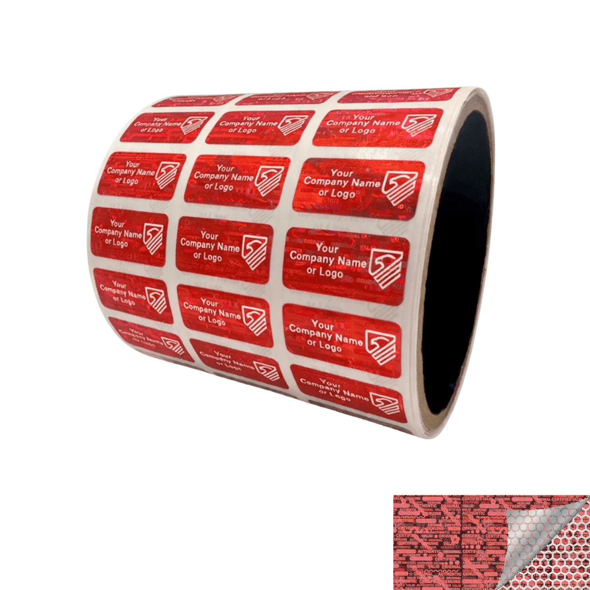 250 Red Tamper Evident Security Holographic Label Seal Sticker, Rectangle 1" x 0.5" (25mm x 13mm). CustomPrinted. >Click on item details to Customize.