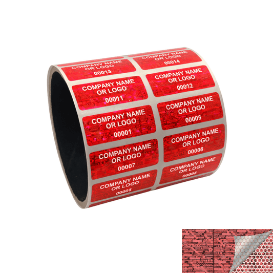 250 Red Tamper Evident Security Hologram Label Seal Sticker, Rectangle 1.5" x 0.6" (38mm x 15mm). CustomPrinted. >Click on item details to Customize.