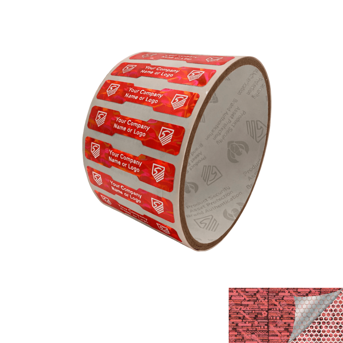 250 Red Tamper Evident Security Hologram Label Seal Sticker, Dogbone 1.75" x 0.375" (44mm x 9mm). CustomPrinted. >Click on item details to Customize.