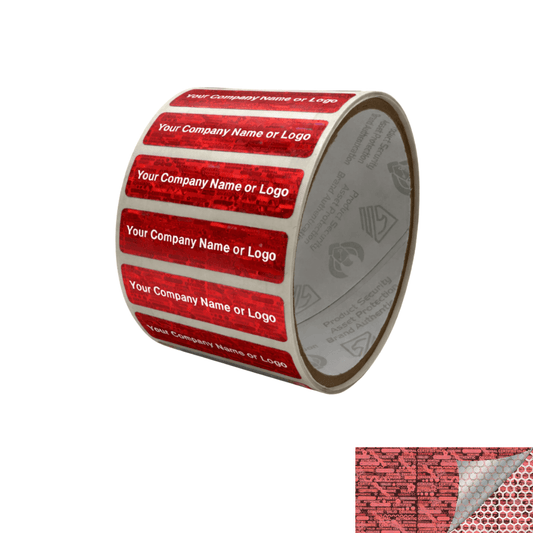 500 Tamper Evident Holographic Bright Red Security Label Seal Sticker, Rectangle 2" x 0.5" (51mm x 13mm). Custom Print. >Click on item details to customize it.