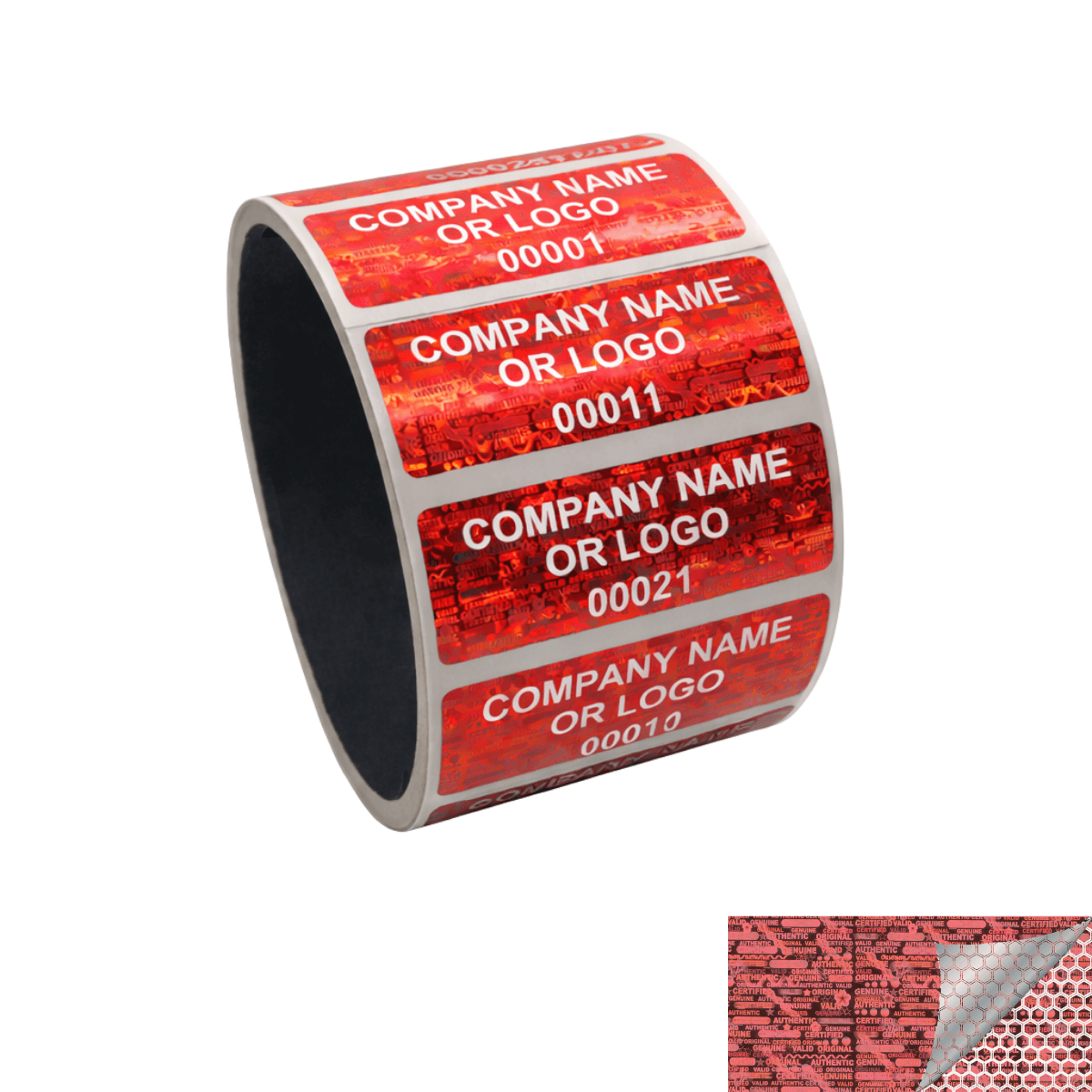 1,000 Red Tamper Evident Security Hologram Label Seal Sticker, Rectangle 2" x 0.75" (51mm x 19mm). CustomPrinted. >Click on item details to Customize.