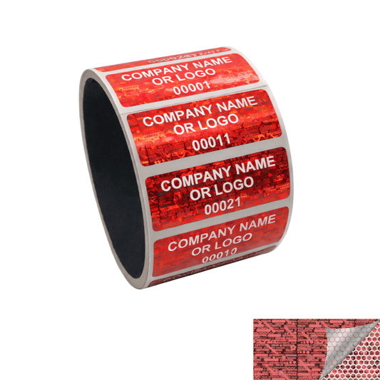 250 Red Tamper Evident Security Holographic Label Seal Sticker, Rectangle 2" x 0.75" (51mm x 19mm). CustomPrinted. >Click on item details to Customize.