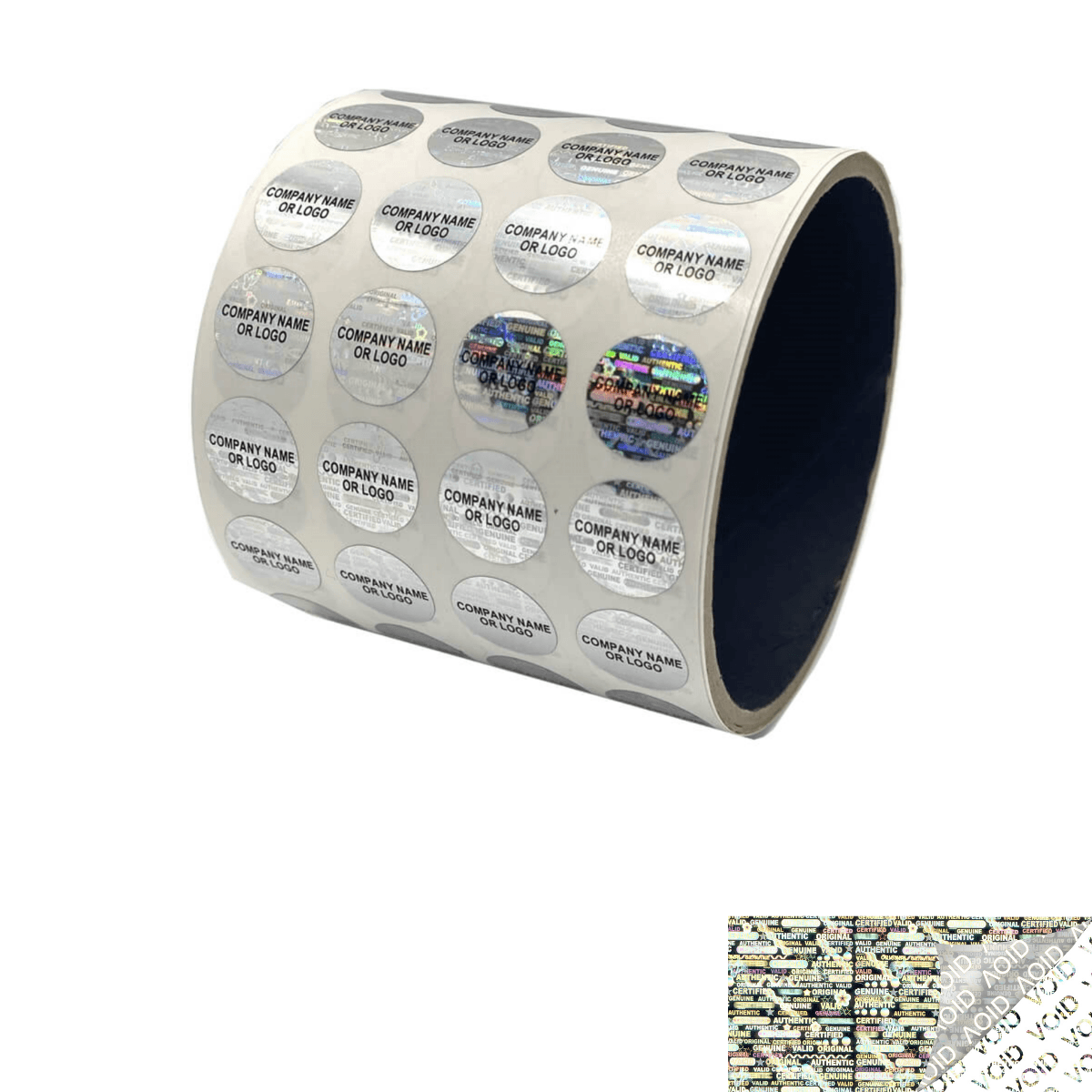 500 Silver Tamper Evident Security Hologram Round Label Seal Sticker, Circle 0.625" diameter (16mm). CustomPrinted. >Click on item details to Customize.